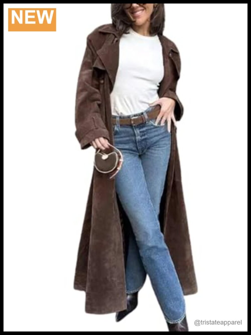 Womens Faux Suede Long Trench Coat Double Breasted Notched Lapel Pea Coat with